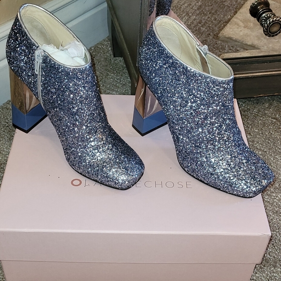 L'Autre Chose Sequin Glitter Ankle Boots, Mirror Chrome Two Toned Stacked  Heels - Picture 10 of 17